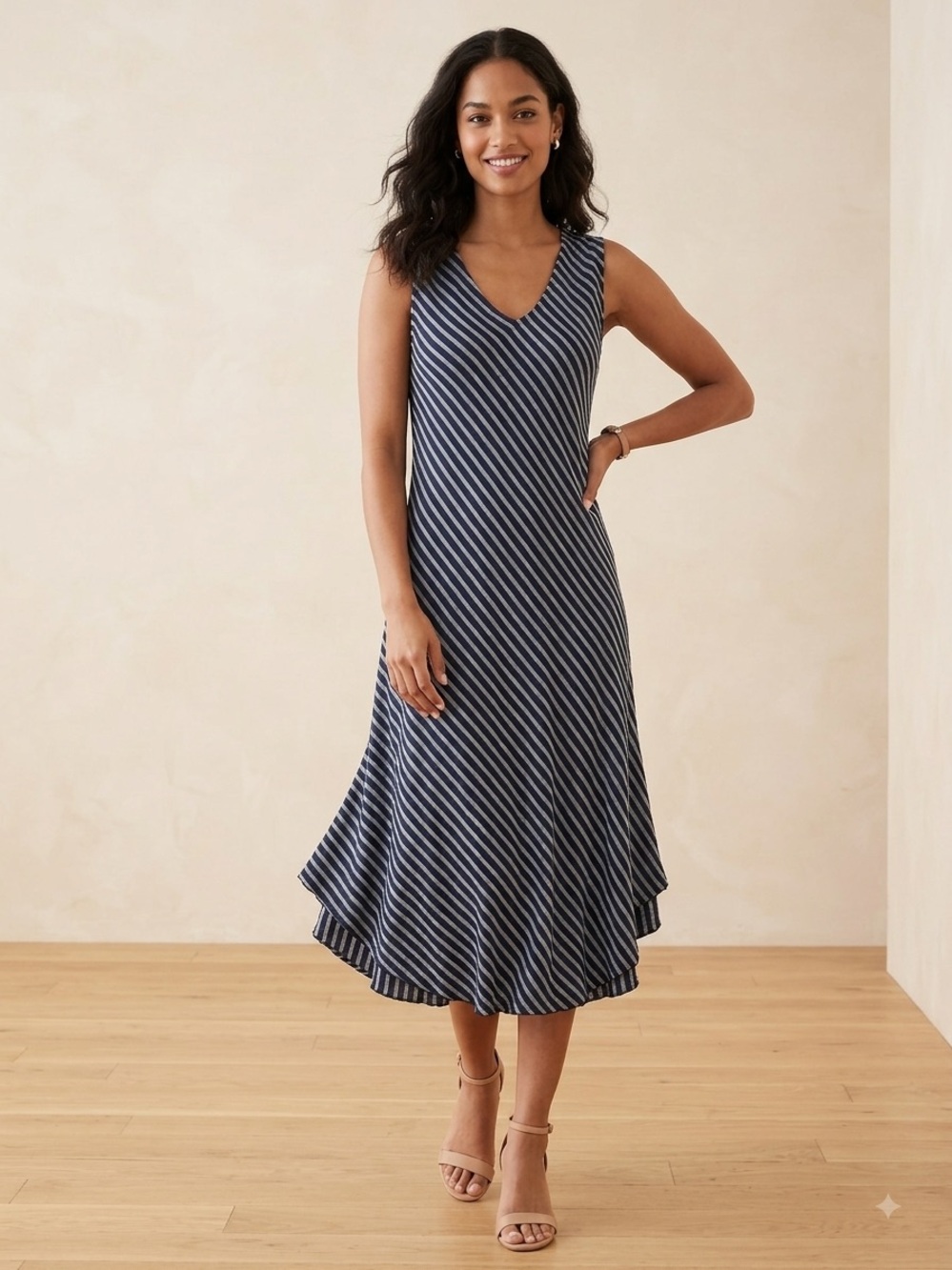 Charlie B Asymmetrical Linen Cotton Dress Striped Resort , size Large